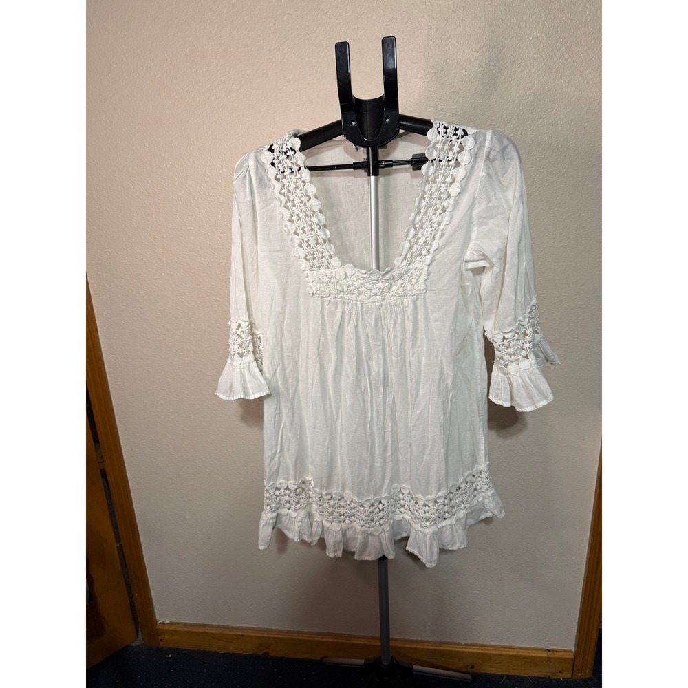 Cute Options White Cotton Crochet Lace‎ Trim Tunic Top Boho Ruffle Sleeve Medium